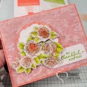Sale-a-Bration Softly Stippled designer paper card idea with embossed vellum by Patty Bennett. Stampin' Up! card video tutorial.