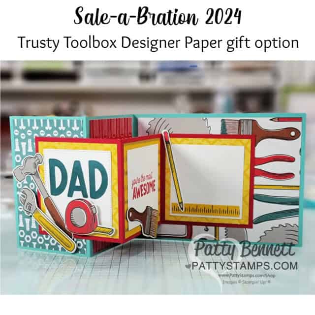 Make a double Z Fold Card featuring STampin' Up! Trusty Toolbox designer paper from Sale-a-Bration
