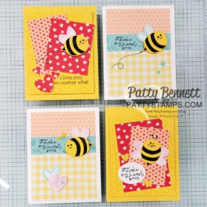 Bee Builder Punch from Stampin' Up!. Quick and easy cards with Bee Mine DSP by Patty Bennett