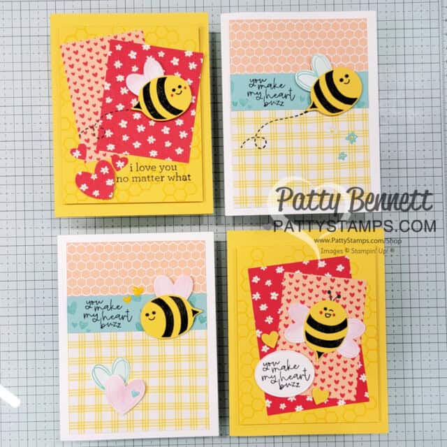 Bee Builder Punch from Stampin' Up!. Quick and easy cards with Bee Mine DSP by Patty Bennett