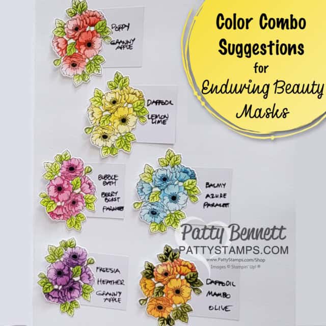 Color combo suggestions for Rainbow of Enduring Beauty Mask cards featuring Stampin' Up! Blending Brushes and ink by Patty Bennett. Free Card making Video tutorial.