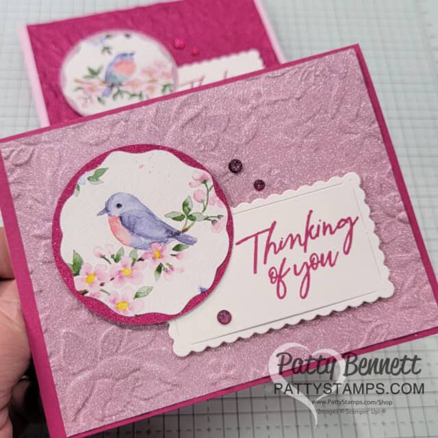 Stampin Up! Soft Shimmer paper embossed with Layering Florals 3D embossing folder. Card featuring Flight & Airy DSP by Patty Bennett