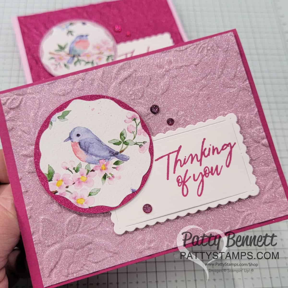 Stampin Up! Soft Shimmer paper embossed with Layering Florals 3D embossing folder. Card featuring Flight & Airy DSP by Patty Bennett