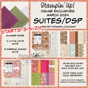 Stampin Up! online exclusives starting March 5, 2024. Suites and DSP. www.PattyStamps.com/shop
