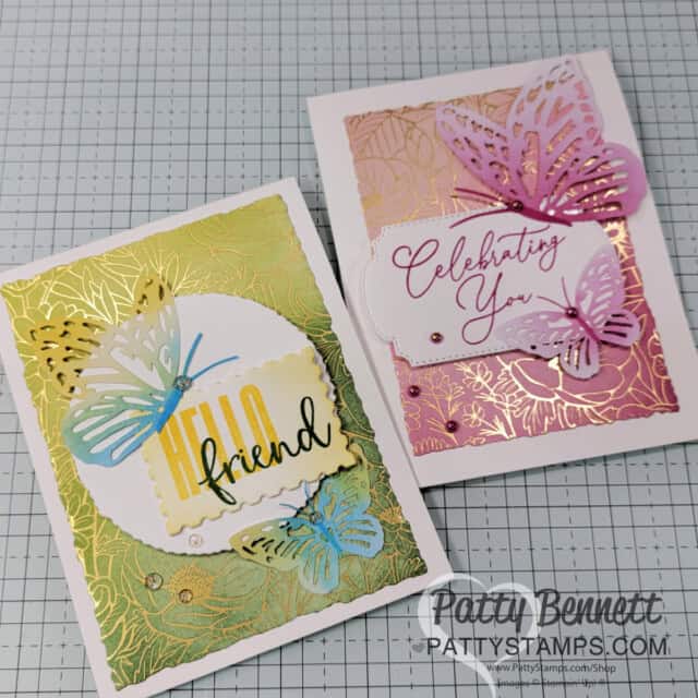 Using Color Buddies from Stampin' Up! for ink blending on Gold Foil flower cards with paper butterflies by Patty Bennett