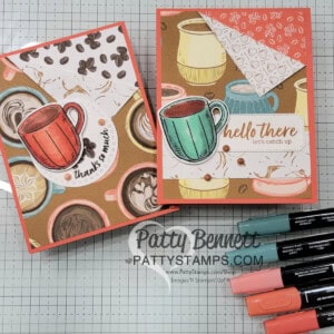 Easy Flap Fold Cards with Stampin' Up! A Little Latte designer paper and Stampin' Blends coloring by Patty Bennett