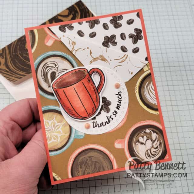 Easy Flap Fold Cards with Stampin' Up! A Little Latte designer paper and Stampin' Blends coloring by Patty Bennett
