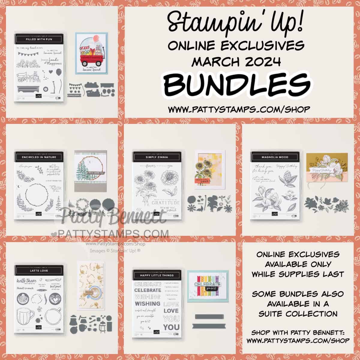 Stampin Up! online exclusives starting March 5, 2024. Stamp and Die Bundles. www.PattyStamps.com/shop