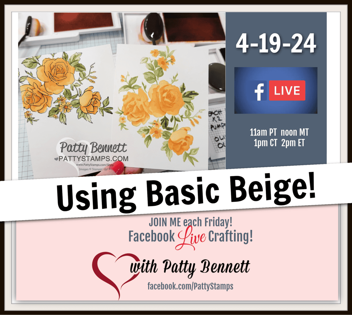 How I used the new Stampin' Up! Basic Beige with the Layers of Beauty bundle and masks. Live card making video tutorial by Patty Bennett
