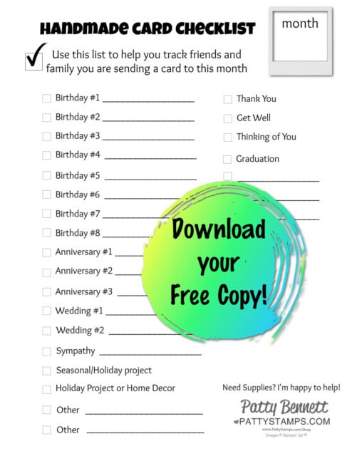 Card checklist for handmade cards for family and friends by Patty Bennett