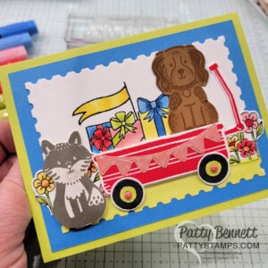 Stampin' Up! Filled with Love wagon card featuring Pets & More Online Exclusive stamp set. Card by Patty Bennett
