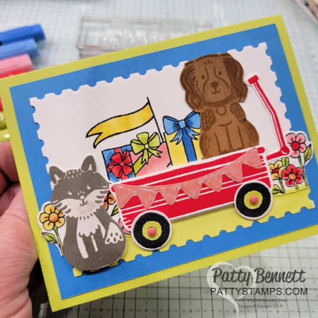 Stampin' Up! Filled with Love wagon card featuring Pets & More Online Exclusive stamp set. Card by Patty Bennett