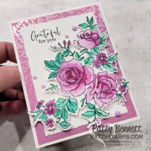 Layers of Beauty STampin' Up! card with Thoughtful Designs paper background. Blending Brush coloring by Patty Bennett