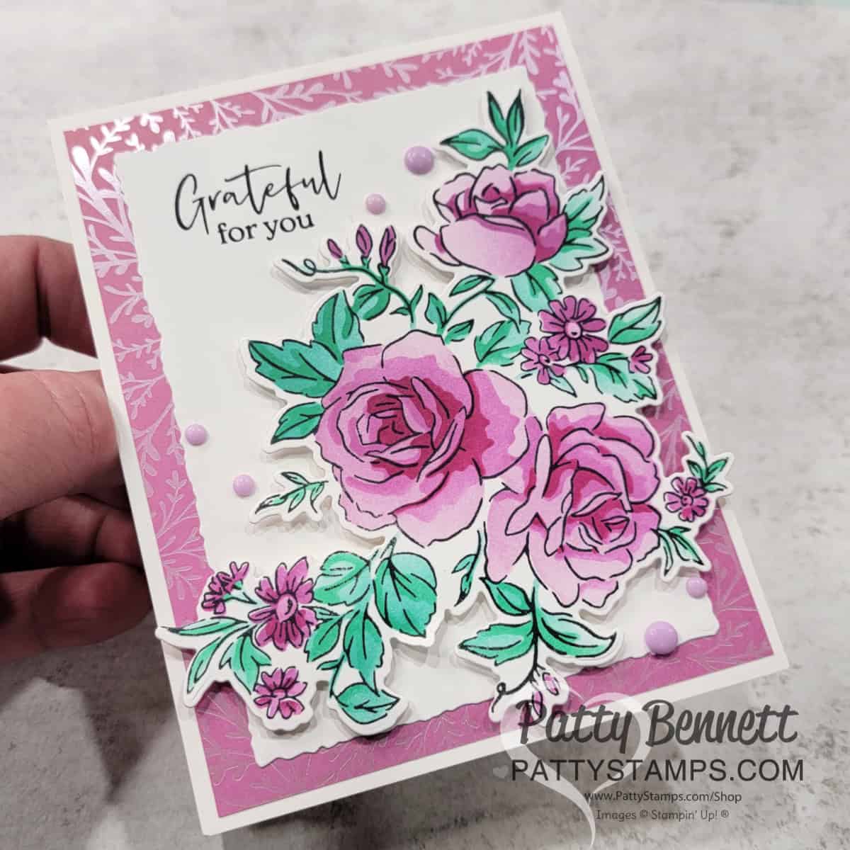 Layers of Beauty STampin' Up! card with Thoughtful Designs paper background. Blending Brush coloring by Patty Bennett