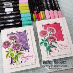 Stampin' Up! Simply Zinnia bundle cards. Stampin' Blends marker coloring tips and free video tutorial with Patty Bennett
