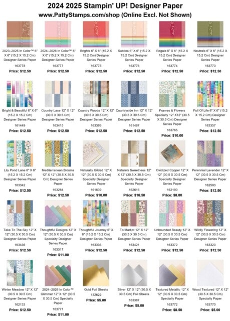 2024 2025 Stampin Up! designer paper list. shop with Patty Bennett www.PattyStamps.com/shop