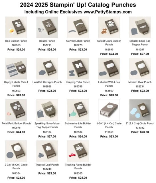 2024 2025 Stampin Up! punches list. shop with Patty Bennett www. PattyStamps.com/shop