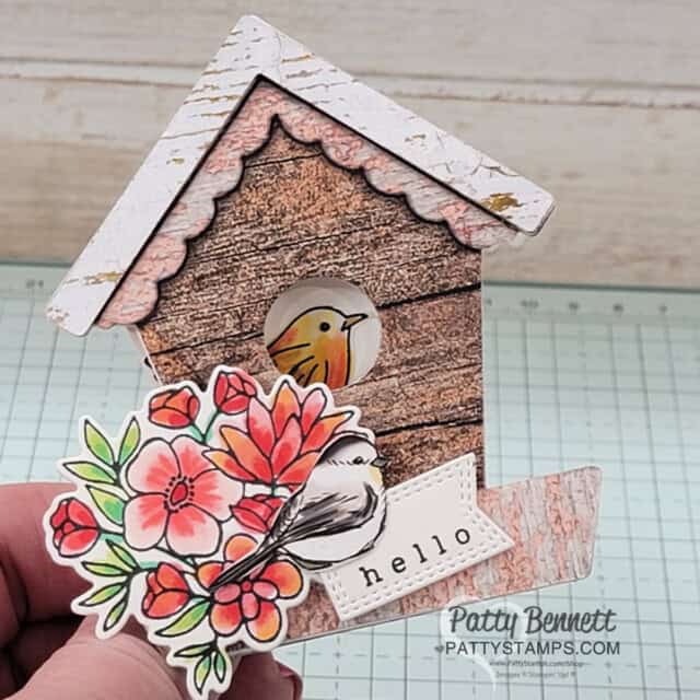 Country Birdhouse mini cards with Stampin Up! Country Flowers set colored with Stampin' Blends markers by Patty Bennett