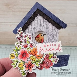 Country Birdhouse mini cards with Stampin Up! Country Flowers set colored with Stampin' Blends markers by Patty Bennett