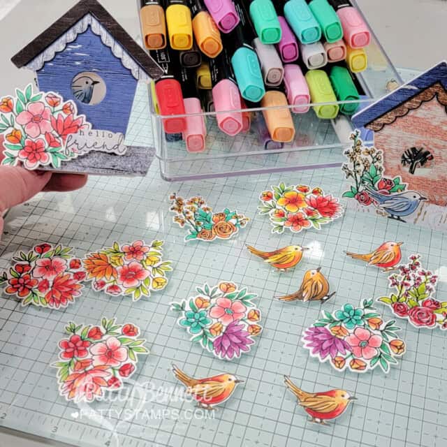 Stampin' Blends marker coloring with Stampin' UP! Country Flowers set for birdhouse mini cards by Patty Bennett