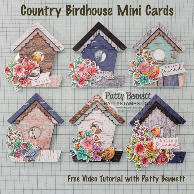 Ideas to make Country Birdhouse mini cards with Stampin Up! Country Flowers set colored with Stampin' Blends markers by Patty Bennett