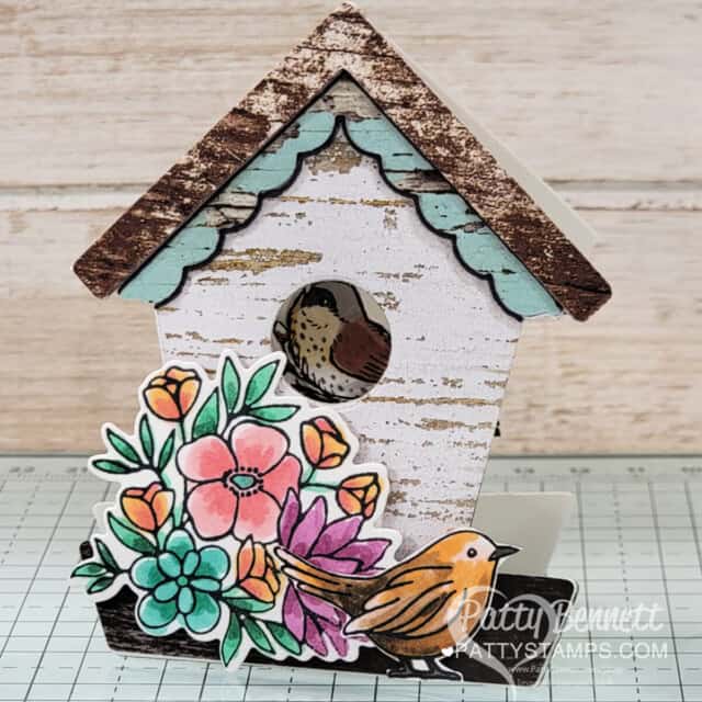 Country Birdhouse mini cards with Stampin Up! Country Flowers set colored with Stampin' Blends markers by Patty Bennett