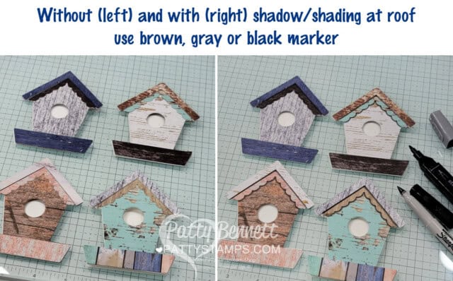 Add Shading/Shadows with markers: Country Birdhouse mini cards with Stampin Up! Country Flowers set colored with Stampin' Blends markers by Patty Bennett