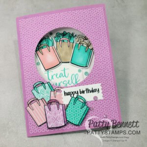Stampin UP! Attention Shoppers card stamping on 6x6 In Color designer paper. by Patty Bennett