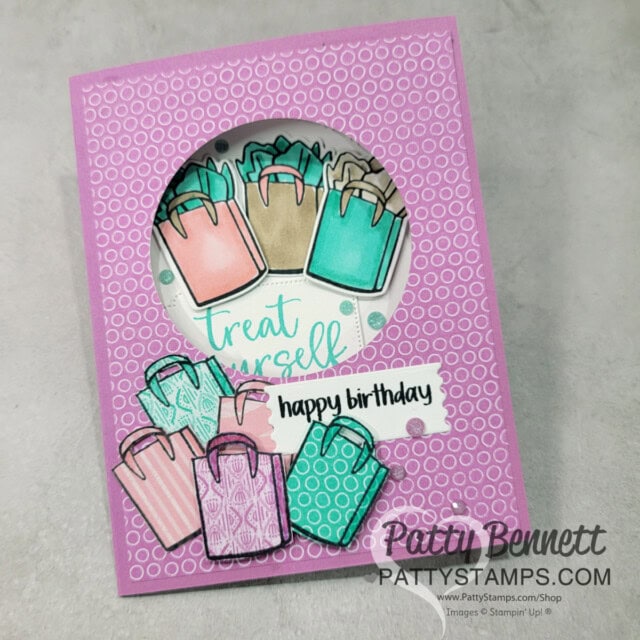 Stampin UP! Attention Shoppers card stamping on 6x6 In Color designer paper. by Patty Bennett