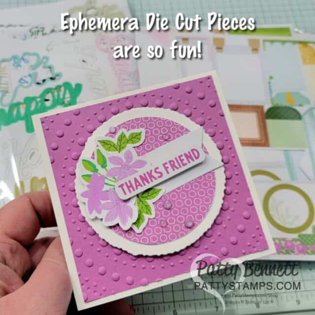 Stampin Up! Dotted Circles embossing folder square card idea with ephemera die cuts by Patty Bennett