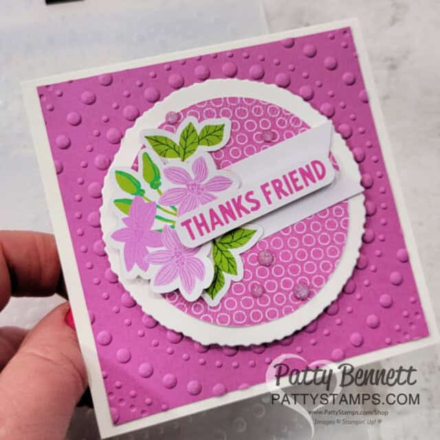 Stampin Up! Dotted Circles embossing folder square card idea with ephemera die cuts by Patty Bennett