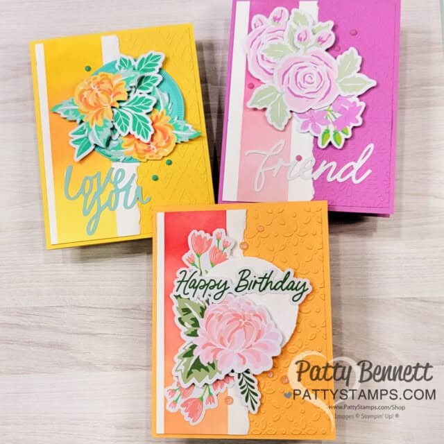 Stampin Up! Fully Flowering Ephemera Pack card ideas featuring Blending Brush ink blended background by Patty Bennett