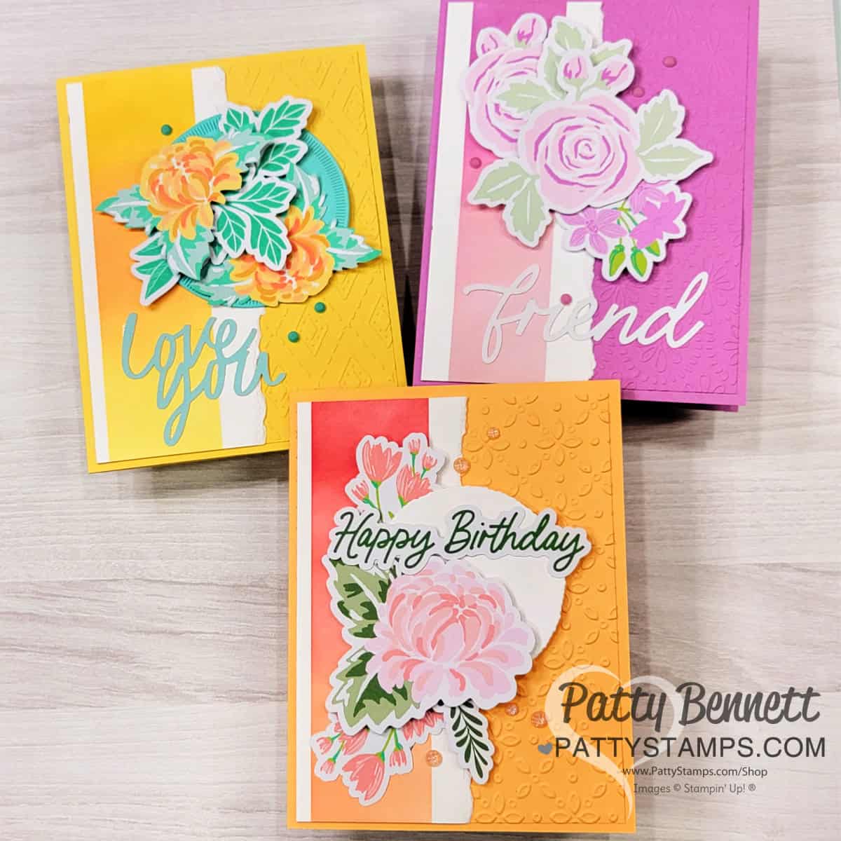 Stampin Up! Fully Flowering Ephemera Pack card ideas featuring Blending Brush ink blended background by Patty Bennett