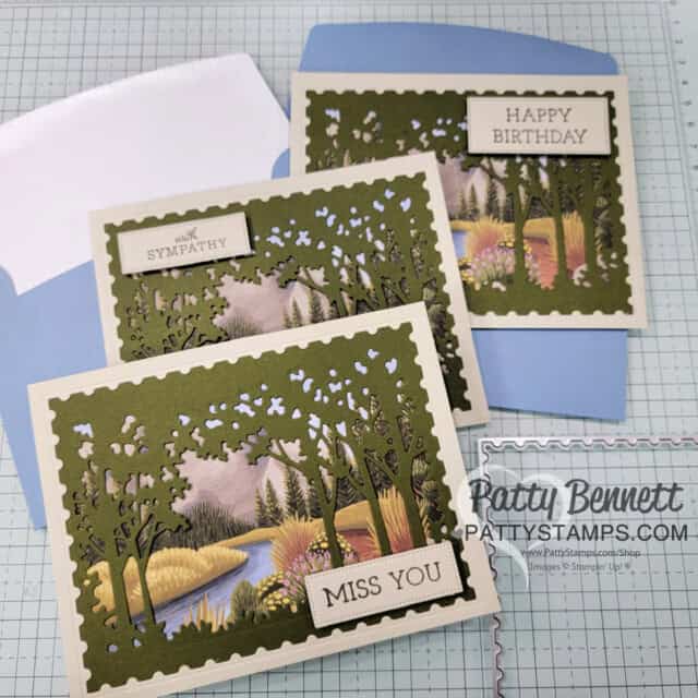 In the Grove dies overlay for Stampin UP! Exploring In Color cards & envelopes. Card ideas by Patty Bennett featuring Basic Beige Perennial Postage die cut.