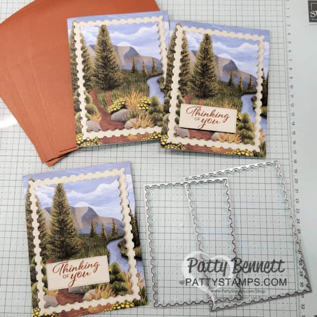 Exploring In Color cards and envelopes Stampin' Up! layered cards by Patty Bennett with Postage dies