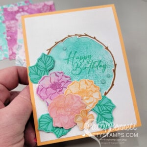 Unbounded Beauty patterned paper from Stampin Up! with the Flowers of Beauty and wreath from Encircled in Nature stamp set. Cards by Patty Bennett