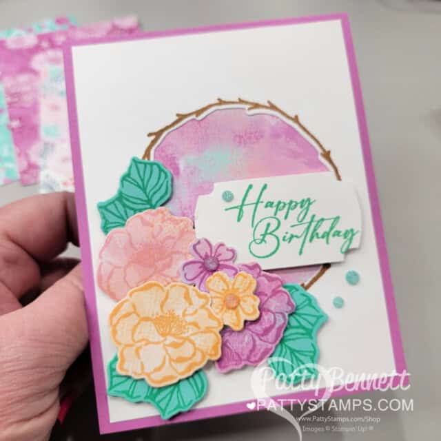 Unbounded Beauty patterned paper from Stampin Up! with the Flowers of Beauty and wreath from Encircled in Nature stamp set. Cards by Patty Bennett