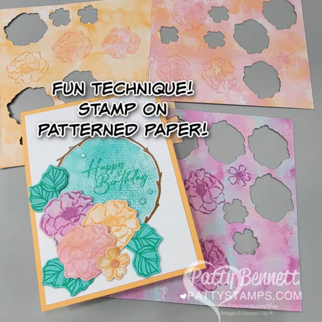 Stamp on Unbounded Beauty patterned paper from Stampin Up! with the Flowers of Beauty stamp set. Cards by Patty Bennett