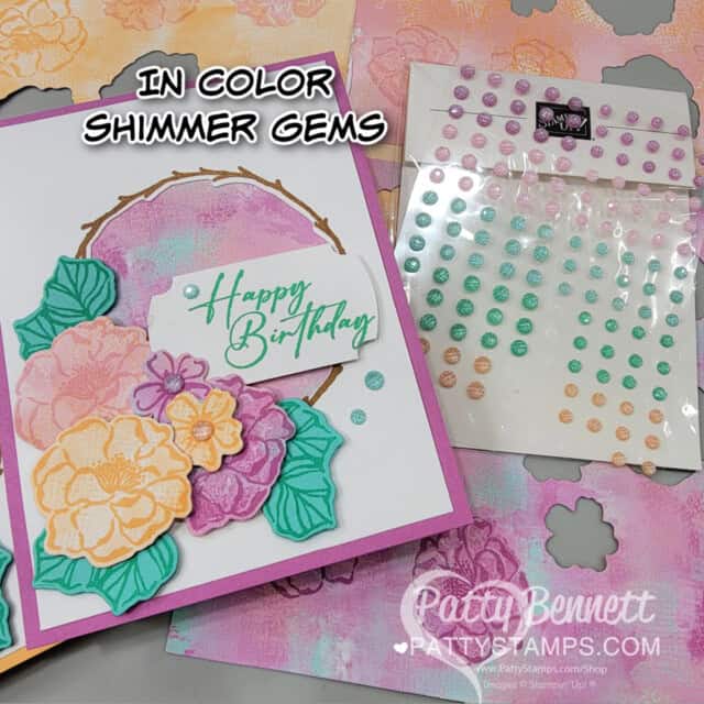 In Color Shimmer gems for Unbounded Beauty patterned paper from Stampin Up! with the Flowers of Beauty and wreath from Encircled in Nature stamp set. Cards by Patty Bennett