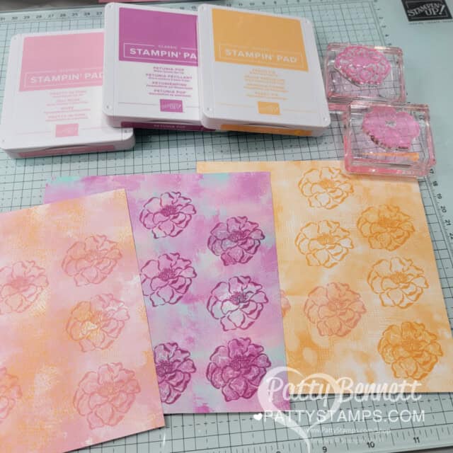 Stamp on Unbounded Beauty patterned paper from Stampin Up! with the Flowers of Beauty stamp set. Cards by Patty Bennett
