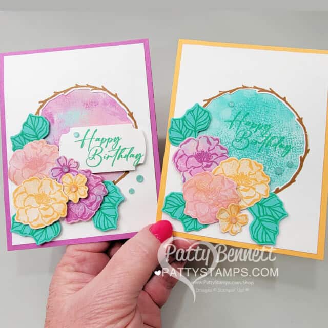 Unbounded Beauty patterned paper from Stampin Up! with the Flowers of Beauty stamp set. Cards by Patty Bennett