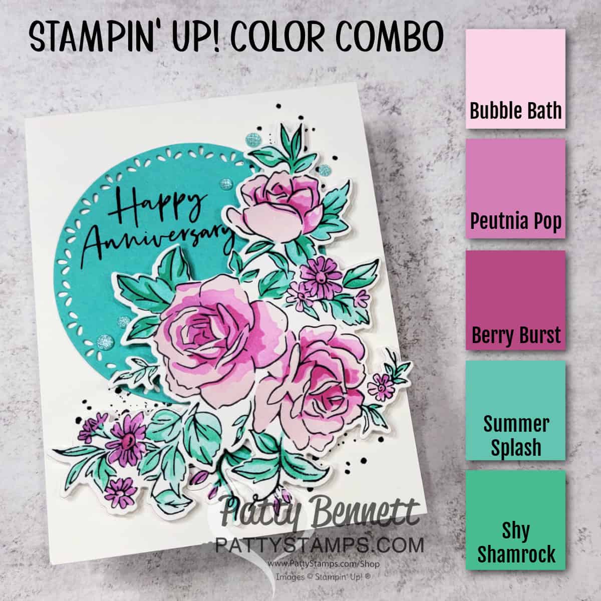 Color Combo for Stampin' Up! Layers of Beauty bundle anniversary card by Patty Bennett with Blending Brushes