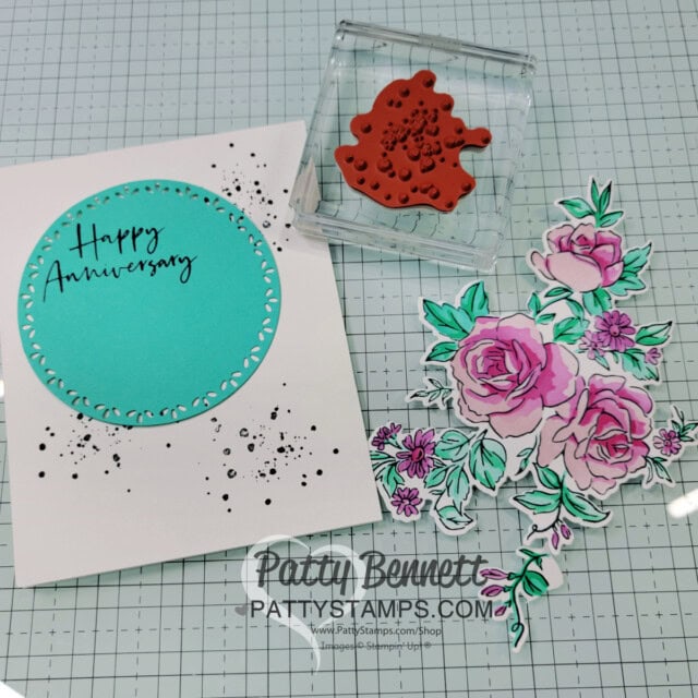 Stamp Splatters for great background! Stampin' Up! Layers of Beauty bundle card by Patty Bennett with Blending Brushes