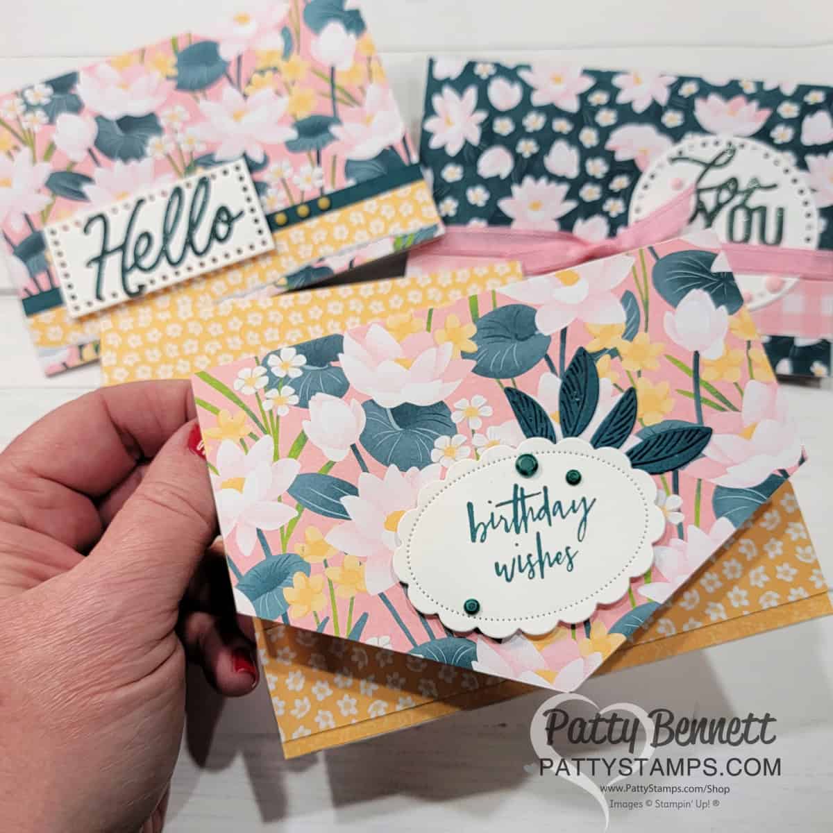 Stampin' Up! Lily Pond Lane designer paper stack card idea by Patty Bennett. Trifold cards can be used for gift card holders. Free Video tutorial.
