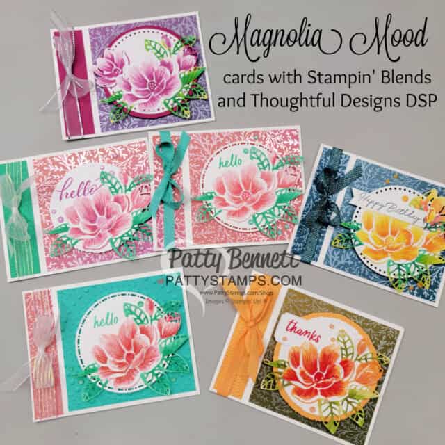 Stampin' Up! Magnolia Mood book binding cards featuring Stampin' Blends markers and Thoughtful Designs designer paper, by Patty Bennett