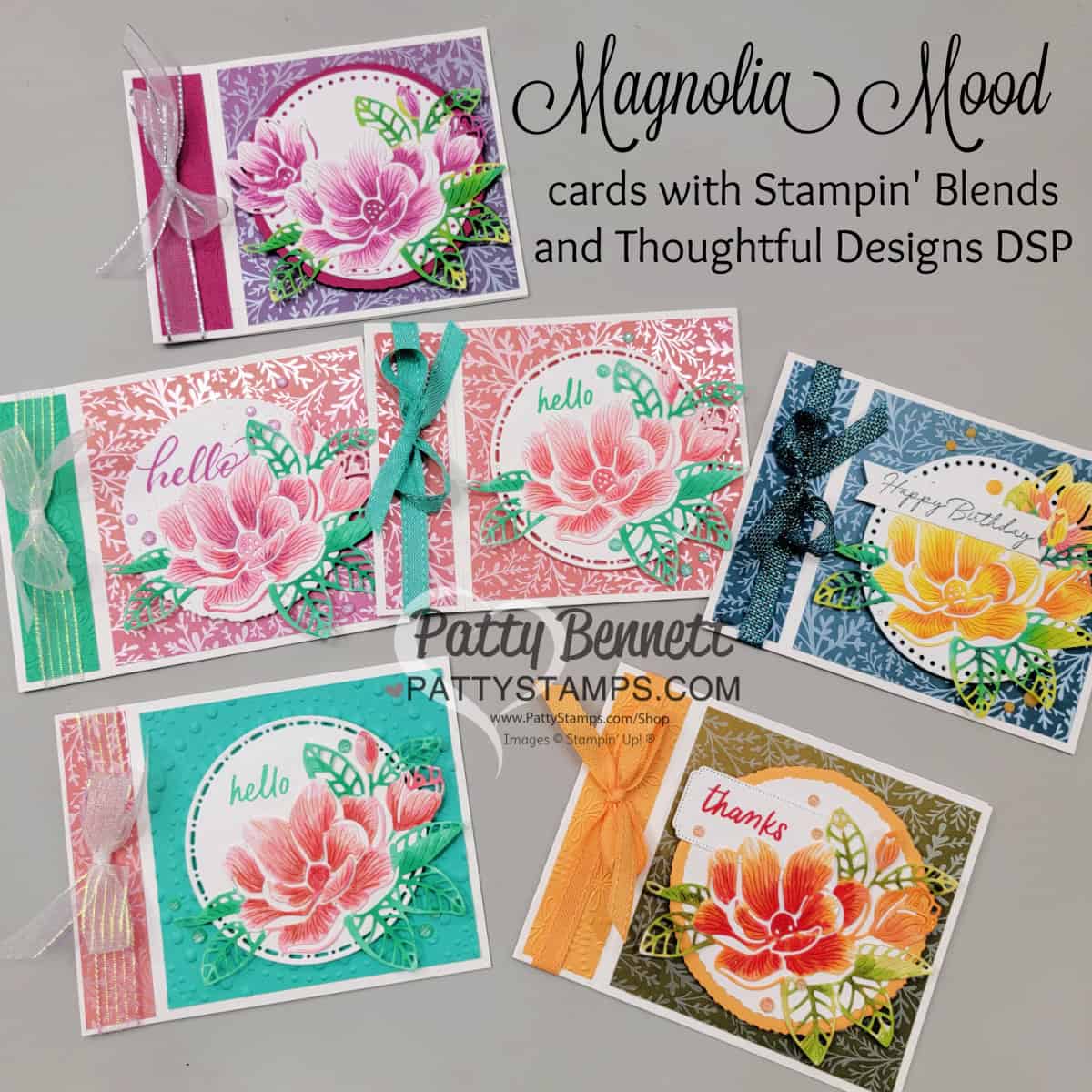 Stampin' Up! Magnolia Mood book binding cards featuring Stampin' Blends markers and Thoughtful Designs designer paper, by Patty Bennett
