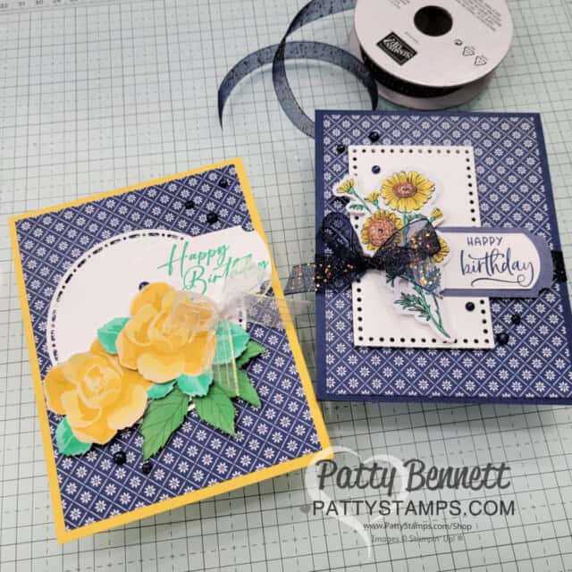 Night of Navy and Yellow Stampin UP cards with Mediterranean Blooms designer paper by Patty Bennett