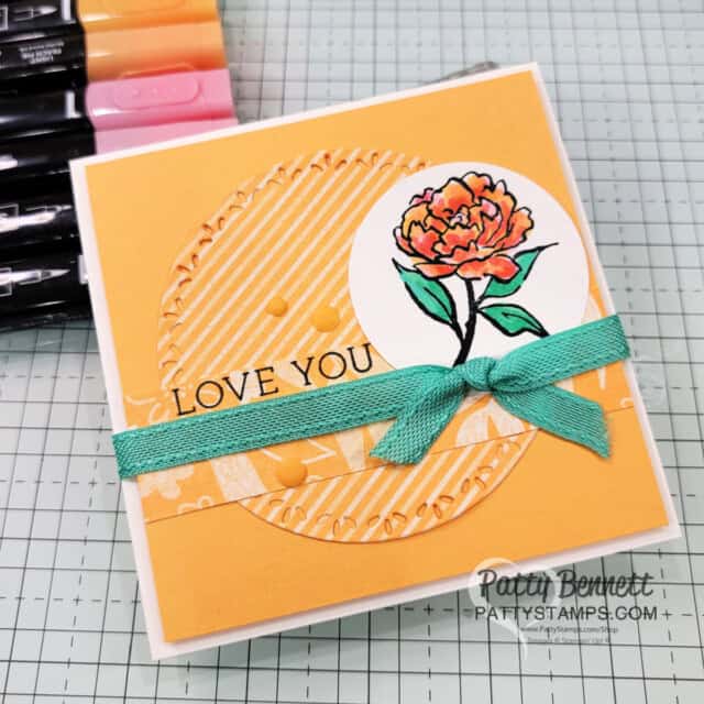 Peach Pie Card. Stampin' Blends marker coloring with the Poised Peony stamp set, by Patty Bennett featuring new 2024 2026 Stampin' Up! In Colors.