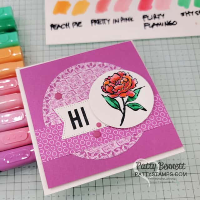 Petunia Pop Card. Stampin' Blends marker coloring with the Poised Peony stamp set, by Patty Bennett featuring new 2024 2026 Stampin' Up! In Colors. 