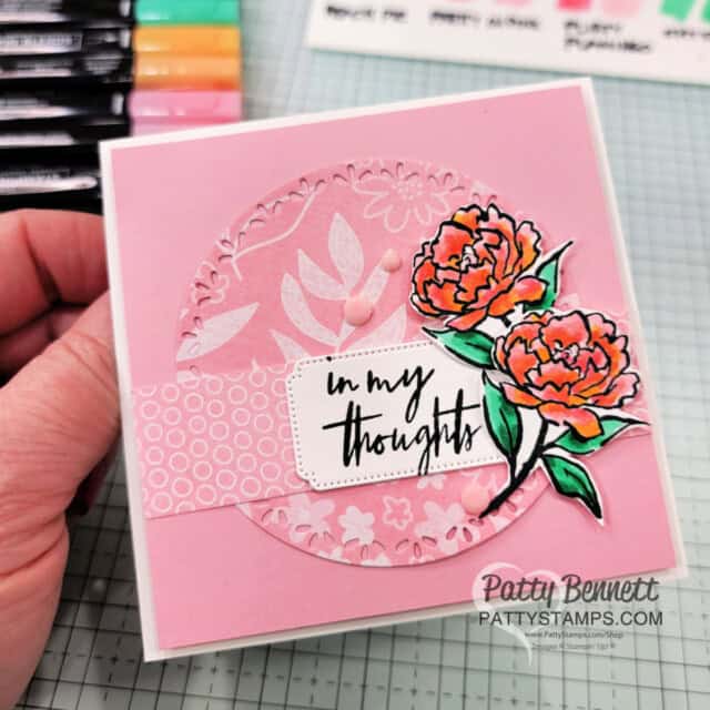 Pretty in Pink Card. Stampin' Blends marker coloring with the Poised Peony stamp set, by Patty Bennett featuring new 2024 2026 Stampin' Up! In Colors.